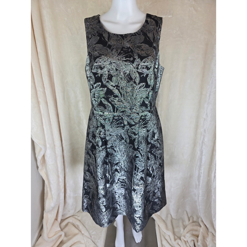 Shelby Nites Womens Silver Black Metallic Floral Jacquard A-Line Dress 12‎